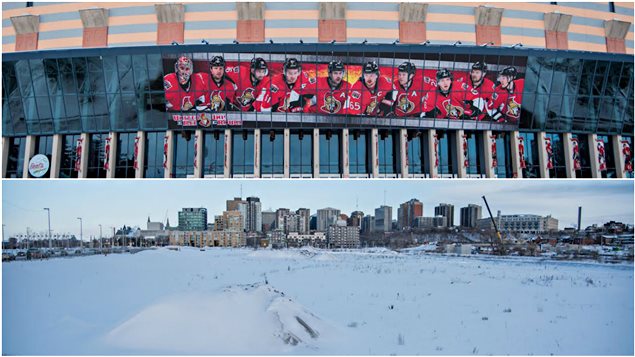 Un montage photo avec la façade du Centre Canadian Tire et les plaines LeBreton. Un montage photo avec la façade du Centre Canadian Tire et les plaines LeBreton.
