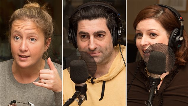 L'auteure Rafaële Germain, l'animateur Patrick Masbourian et la journaliste Marie-Maude Denis