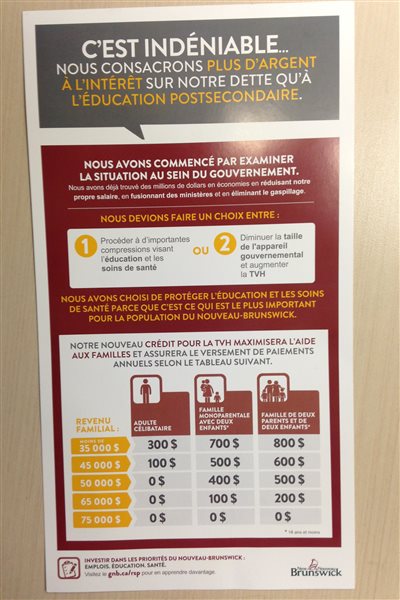 Le document du gouvernement du Nouveau-Brunswick sur les dédommagements pour les moins nantis touchés par l'augmentation de la TVH. Le document du gouvernement du Nouveau-Brunswick sur les dédommagements pour les moins nantis touchés par l'augmentation de la TVH.