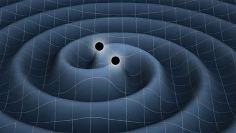 Illustratiion artistique d'un couple de trous noirs produisant des ondes gravitationnelles dans l'espace temps. Illustratiion artistique d'un couple de trous noirs produisant des ondes gravitationnelles dans l'espace temps.