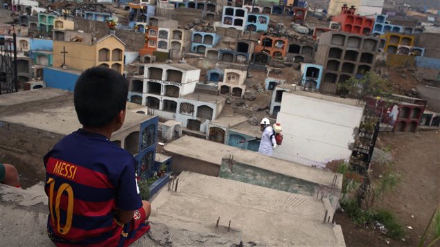 Un garçon observe un agent de santé qui répand des pesticides pour lutter contre le virus Zika dans un cimetière en banlieue de Lima, au Pérou. Un garçon observe un agent de santé qui répand des pesticides pour lutter contre le virus Zika dans un cimetière en banlieue de Lima, au Pérou.