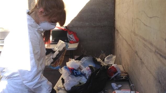 Une inspectrice en environnement trie le contenu des sacs de poubelles Une inspectrice en environnement trie le contenu des sacs de poubelles