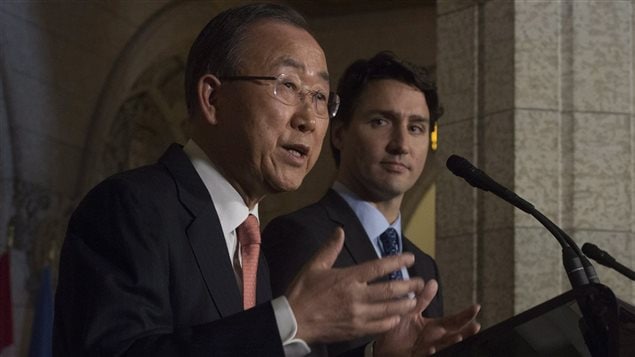 Prime Minister Justin Trudeau and United Nations Secretary General Ban Ki-moon take part in a joint news conference in the Foyer of the House of Commons on Parliament hill in Ottawa, Thursday February 11, 2016. Prime Minister Justin Trudeau and United Nations Secretary General Ban Ki-moon take part in a joint news conference in the Foyer of the House of Commons on Parliament hill in Ottawa, Thursday February 11, 2016.