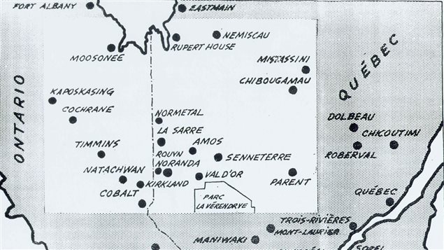 Carte imaginée pour la 11e province. Source : Maurice Roy, Le Petit Journal, L'Abitibi veut se séparer du Québec, une onzième province? 13 novembre 1966 Carte imaginée pour la 11e province. Source : Maurice Roy, Le Petit Journal, L'Abitibi veut se séparer du Québec, une onzième province? 13 novembre 1966