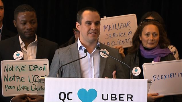 Le directeur général d'Uber Québec, Jean-Nicolas Guillemette, en conférence de presse jeudi matin. Le directeur général d'Uber Québec, Jean-Nicolas Guillemette, en conférence de presse jeudi matin.
