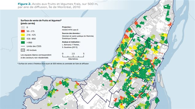 Carte des surfaces de vente de fruits et légumes à Montréal Carte des surfaces de vente de fruits et légumes à Montréal