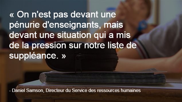 On n'est pas devant une pénurie d'enseigants, mais devant une situation qui a mis de la pression sur notre liste de suppléance. On n'est pas devant une pénurie d'enseigants, mais devant une situation qui a mis de la pression sur notre liste de suppléance.