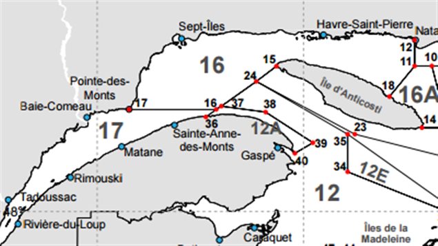 Carte des zones de pêche pour le crabe des neiges. Carte des zones de pêche pour le crabe des neiges.