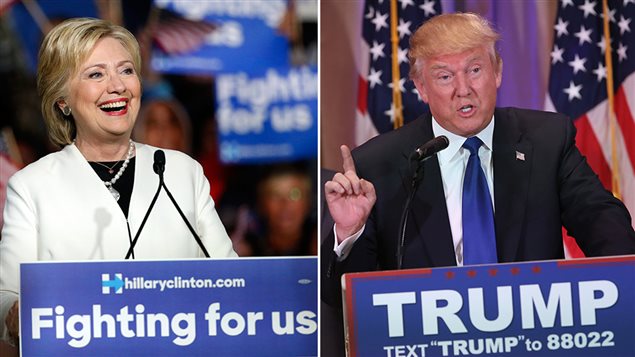 Les candidats aux primaires américaines Hillary Clinton et Donald Trump lors du super mardi, le 1er mars 2016 Les candidats aux primaires américaines Hillary Clinton et Donald Trump lors du super mardi, le 1er mars 2016