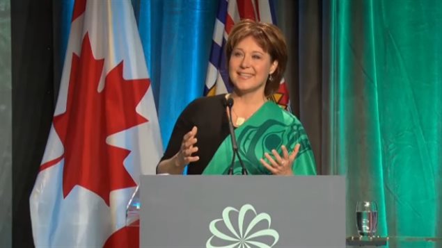 Christy Clark lors de son discours à la conférence Globe 2016 à Vancouver, le 2 mars. Christy Clark lors de son discours à la conférence Globe 2016 à Vancouver, le 2 mars.