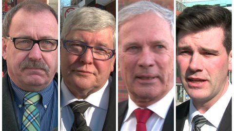 De gauche à droite, les anciens ministres progressistes-conservateurs albertains Ric McIver, Dave Hancock et Rick Orman, ainsi que le maire d'Edmonton Don Iveson, à l'extérieur de l'église accueillant les funérailles de Don Getty, le 5 mars 2016 à Edmonton De gauche à droite, les anciens ministres progressistes-conservateurs albertains Ric McIver, Dave Hancock et Rick Orman, ainsi que le maire d'Edmonton Don Iveson, à l'extérieur de l'église accueillant les funérailles de Don Getty, le 5 mars 2016 à Edmonton
