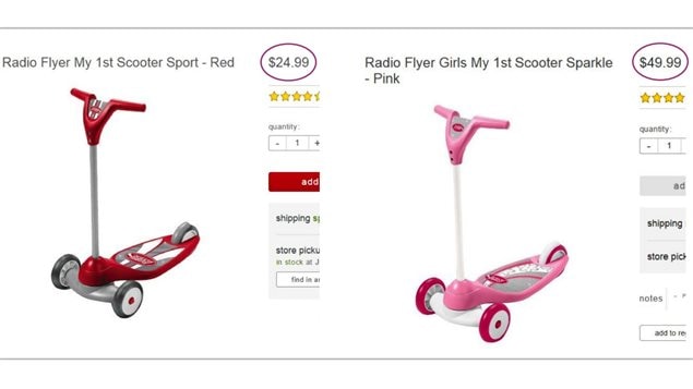 Trottinettes pour garçon (à gauche) et fille (à droite) et prix, en dollars américains. Cet exemple est tiré de l'étude menée par la Ville de New York. Trottinettes pour garçon (à gauche) et fille (à droite) et prix, en dollars américains. Cet exemple est tiré de l'étude menée par la Ville de New York.