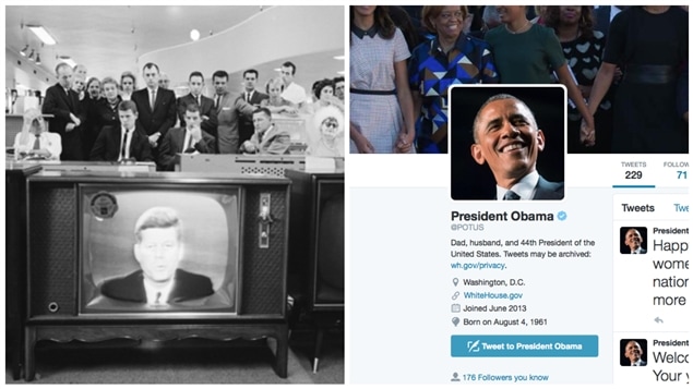 Le président Kennedy à la télé et le compte Twitter d'Obama. Le président Kennedy à la télé et le compte Twitter d'Obama.