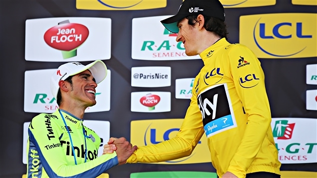 Alberto Contador (à gauche) et Geraint Thomas sur le podium de Paris-Nice Alberto Contador (à gauche) et Geraint Thomas sur le podium de Paris-Nice