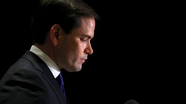 Marco Rubio après avoir annoncé son retrait de la course à l'investiture républicaine. Marco Rubio après avoir annoncé son retrait de la course à l'investiture républicaine.