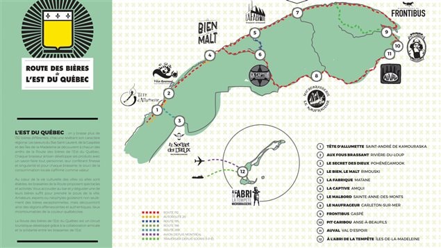 La carte de la Route des bières de l'Est du Québec