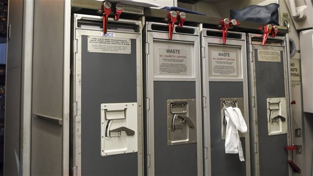 Les chariots de service dans un avion sont normalement verrouillés par un système de sécurité. Les chariots de service dans un avion sont normalement verrouillés par un système de sécurité.