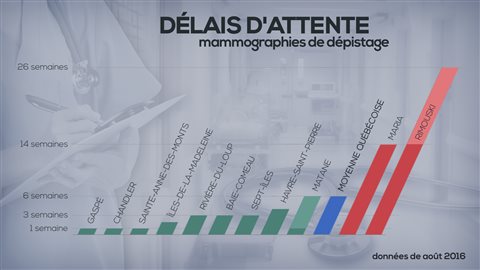 Délais d'attente pour obtenir une mammographie de dépistage en Gaspésie et au Bas-Saint-Laurent. Délais d'attente pour obtenir une mammographie de dépistage en Gaspésie et au Bas-Saint-Laurent.