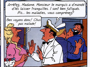 La diva Castafiore parle français dans la case de gauche et joual dans la case de droite. La diva Castafiore parle français dans la case de gauche et joual dans la case de droite.