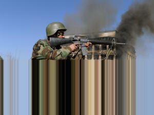 Un soldat prend position devant un centre commercial en feu à Kaboul. Un soldat prend position devant un centre commercial en feu à Kaboul.