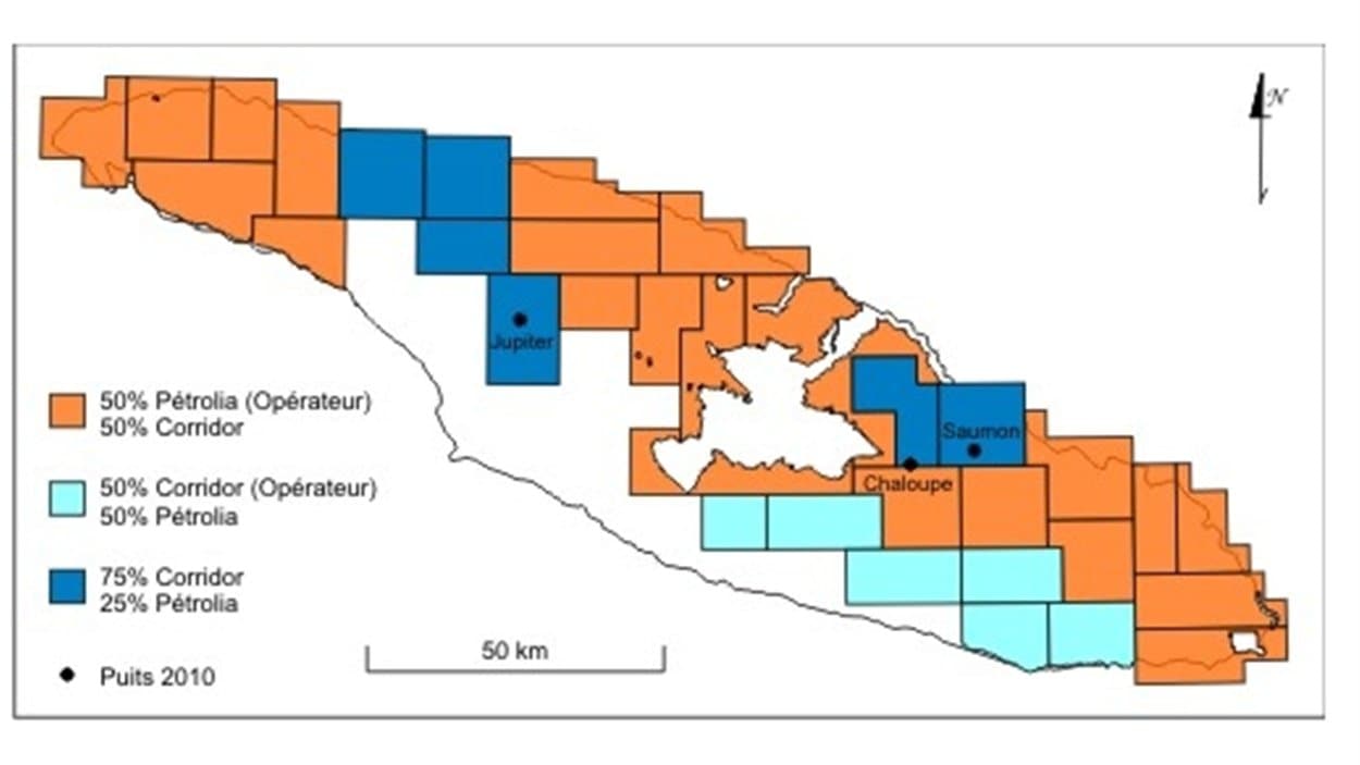 La carte de l'exploration de Pétrolia sur l'île d'Anticosti La carte de l'exploration de Pétrolia sur l'île d'Anticosti