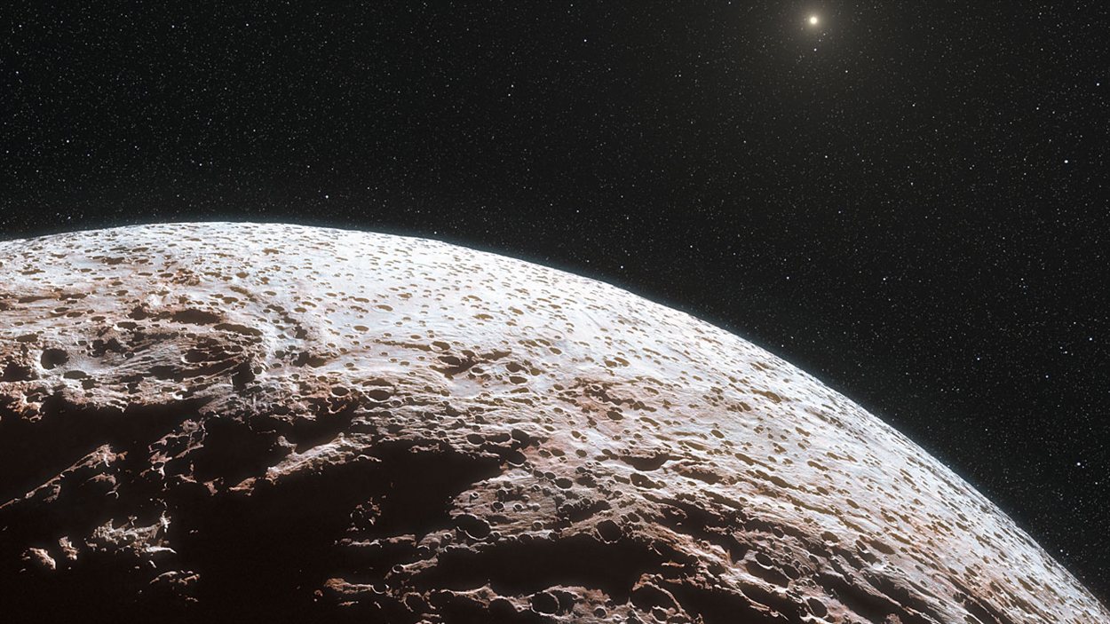 Vue d’artiste de la surface de la planète naine Makémaké Vue d’artiste de la surface de la planète naine Makémaké