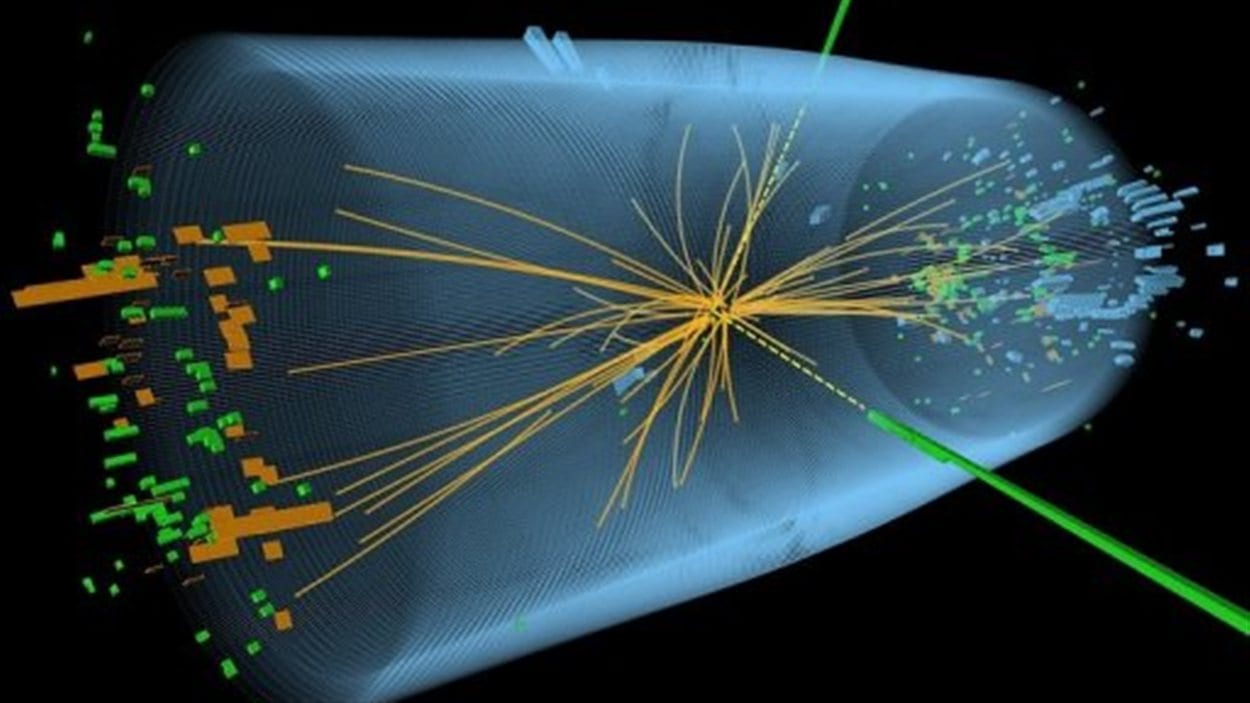 Graphique d’une expérience pour rechercher le Boson de Higgs, diffusé par le Cern à Genève, le 4 juillet 2012. Graphique d’une expérience pour rechercher le Boson de Higgs, diffusé par le Cern à Genève, le 4 juillet 2012.