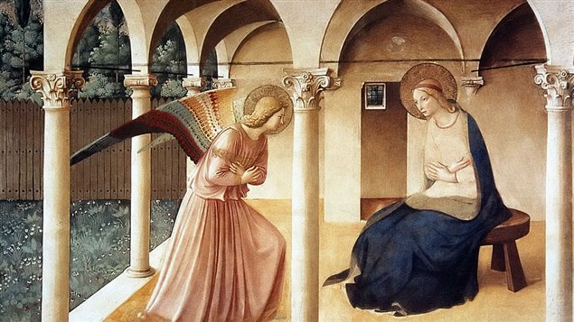 L'annonciation de Fra Angelico exécutée dans les années 1430, conservé aujourd'hui au musée du Prado, en Espagne. L'annonciation de Fra Angelico exécutée dans les années 1430, conservé aujourd'hui au musée du Prado, en Espagne.