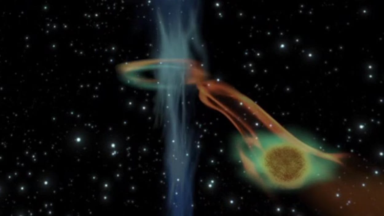 Représentation du trou noir avaleur de planète Représentation du trou noir avaleur de planète