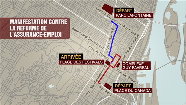 Trajet de la manifestation contre la réforme de l'assurance-emploi Trajet de la manifestation contre la réforme de l'assurance-emploi