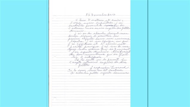 La lettre écrite par Jacqueline Lessard, dans laquelle elle demande aux gens de poursuivre son oeuvre La lettre écrite par Jacqueline Lessard, dans laquelle elle demande aux gens de poursuivre son oeuvre
