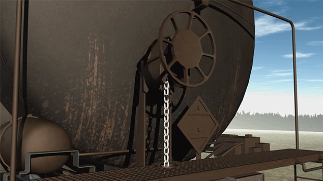 La roue qui est tournée à la main et qui, par la tension d’une chaîne, actionne les freins manuels. La roue qui est tournée à la main et qui, par la tension d’une chaîne, actionne les freins manuels.