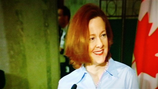Alison Redford lors de son discours annonçant sa démission de ses fonctions de première ministre de l'Alberta Alison Redford lors de son discours annonçant sa démission de ses fonctions de première ministre de l'Alberta