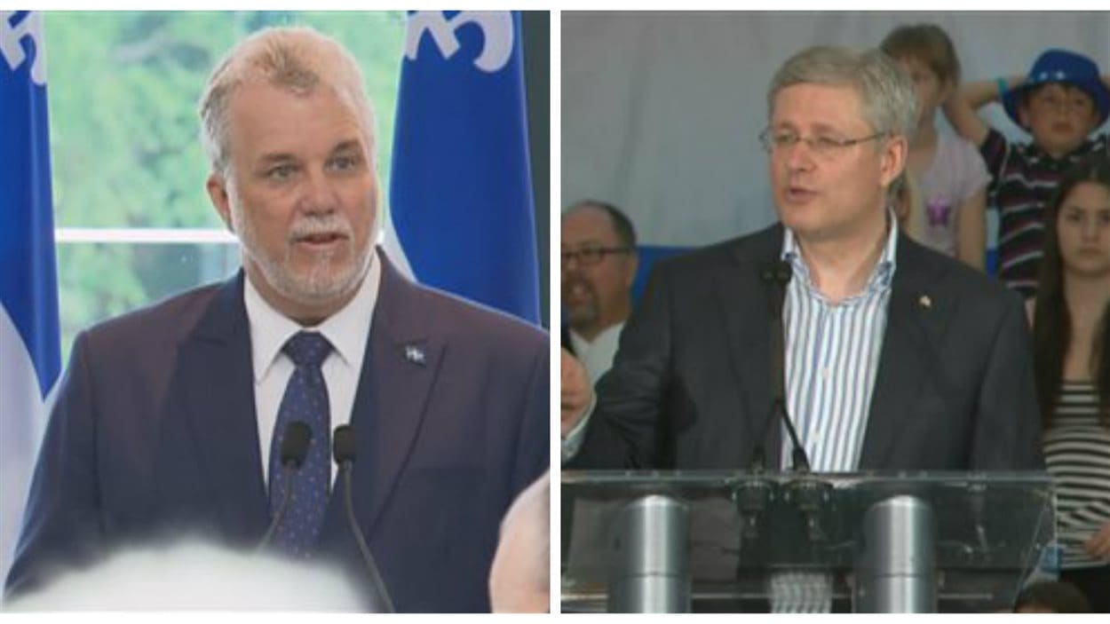 Philippe Couillard et Stephen Harper étaient de passage dans la région de Québec. Philippe Couillard et Stephen Harper étaient de passage dans la région de Québec.