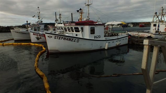 Le quai à Cap-aux-Meules avec des dispositifs pour contenir le déversement de pétrole. Le quai à Cap-aux-Meules avec des dispositifs pour contenir le déversement de pétrole.