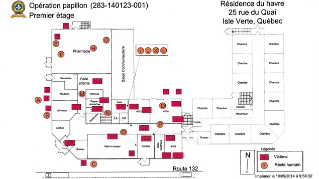 Plan montrant l'emplacement des victimes (en rouge) et des restes humains (en orange) à la suite de la tragédie qui a détruit la Résidence du Havre, à L'Isle-Verte. Plan montrant l'emplacement des victimes (en rouge) et des restes humains (en orange) à la suite de la tragédie qui a détruit la Résidence du Havre, à L'Isle-Verte.