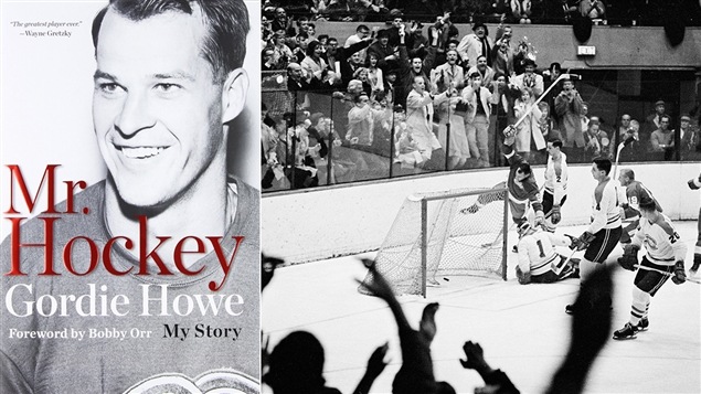 La couverture du livre Mr. Hockey: My Story et une photographie du 545e but de la carrière de Gordie Howe La couverture du livre Mr. Hockey: My Story et une photographie du 545e but de la carrière de Gordie Howe