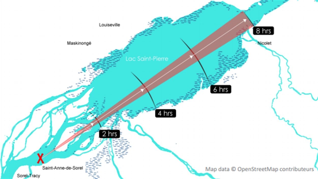 Vitesse de déplacement potentielle des nappes de pétrole avec des vents de force 4 ("jolie brise") du sud-ouest Vitesse de déplacement potentielle des nappes de pétrole avec des vents de force 4 ("jolie brise") du sud-ouest