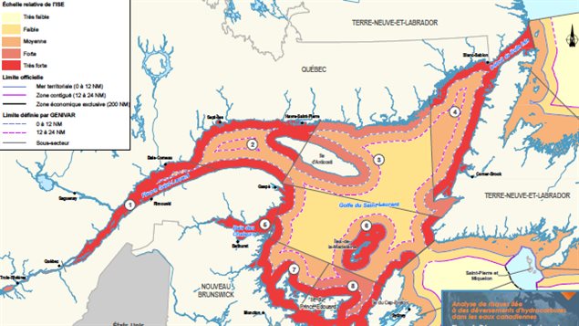 Indice de sensibilité environnementale du Saint-Laurent selon une étude de Genivar produite pour Transports Canada en novembre 2013. Le rouge correspond à l'échelle Indice de sensibilité environnementale du Saint-Laurent selon une étude de Genivar produite pour Transports Canada en novembre 2013. Le rouge correspond à l'échelle