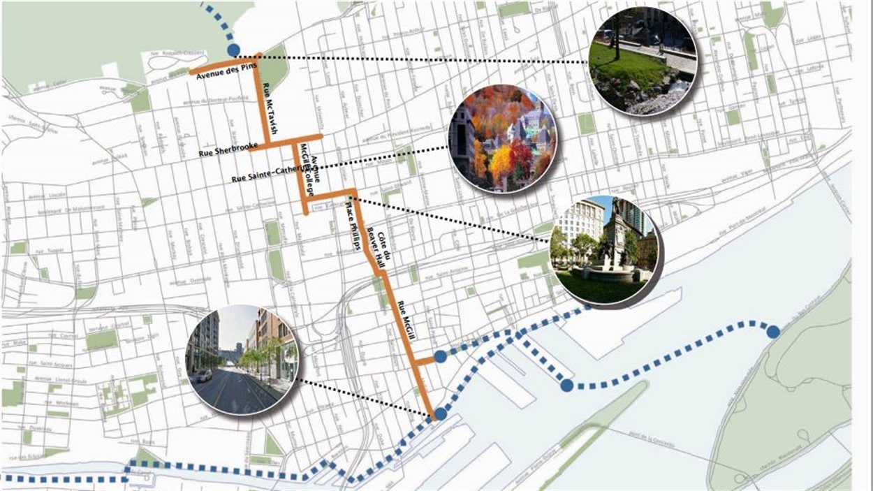 Le tracé de la promenade urbaine qui sera aménagée pour souligner le 375e anniversaire de Montréal Le tracé de la promenade urbaine qui sera aménagée pour souligner le 375e anniversaire de Montréal