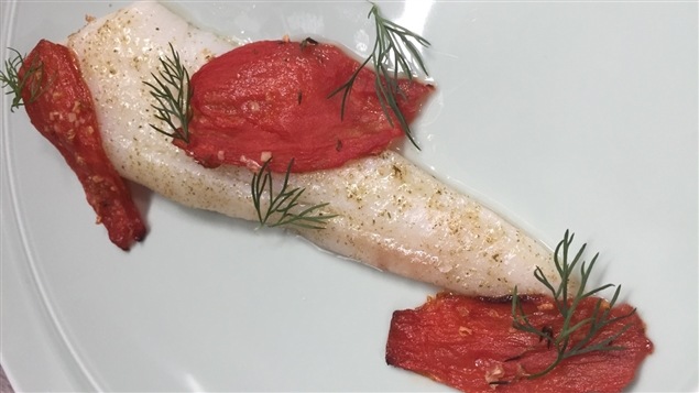 Turbot de la Gaspésie à la berce laineuse accompagné de tomates confites Turbot de la Gaspésie à la berce laineuse accompagné de tomates confites