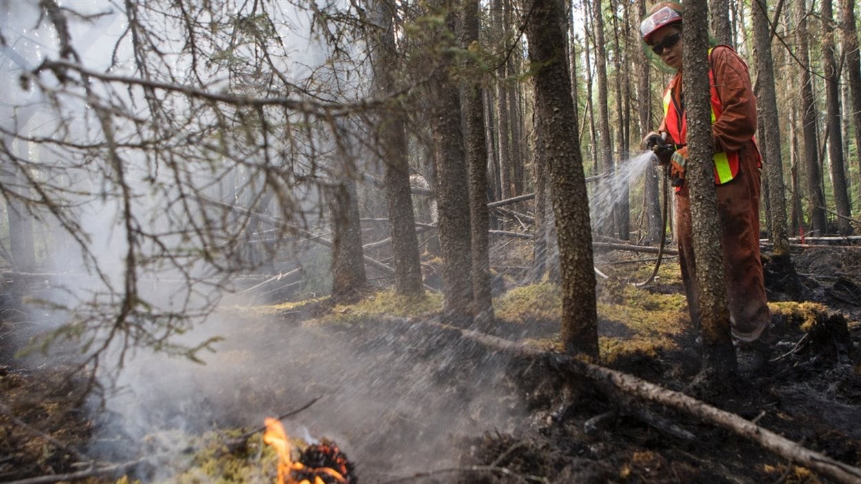 La pompière Carmella Bird lutte contre les feux de forêt au nord de Prince Albert. La pompière Carmella Bird lutte contre les feux de forêt au nord de Prince Albert.