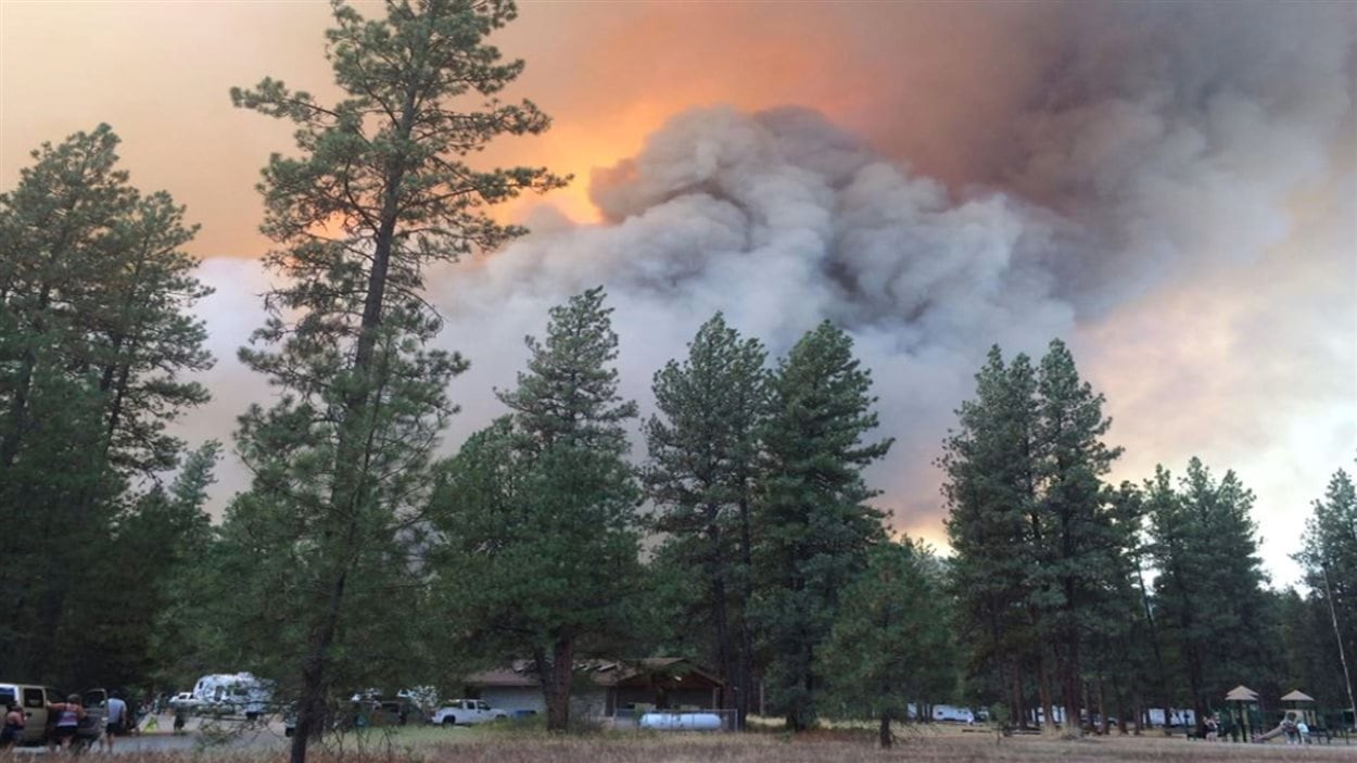 Une épaisse fumée et les flammes démontrent l'intensité du feu de forêt près de Rock Creek Une épaisse fumée et les flammes démontrent l'intensité du feu de forêt près de Rock Creek