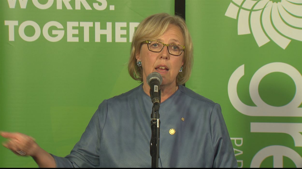 Elizabeth May lors de sa victoire aux élections fédérales dans la circonscription de Saanich-Gulf Islands le 19 octobre 2015. Elizabeth May lors de sa victoire aux élections fédérales dans la circonscription de Saanich-Gulf Islands le 19 octobre 2015.