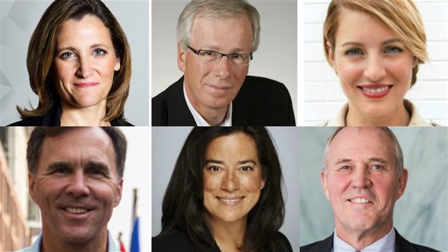 De gauche à droite et de haut en bas: Chrystia Freeland, Stéphane Dion, Mélanie Joly, Bill Blair, Jody Wilson-Raybould et Bill Morneau