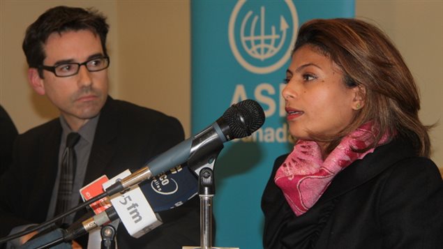 Ensaf Heidar, the wife of jailed Saudi blogger Raif Badawi, speaks at a presse conference with the executive director of Lawyers Without Borders Pascal Paradis in Montreal on Nov. 3, 2015 Ensaf Heidar, the wife of jailed Saudi blogger Raif Badawi, speaks at a presse conference with the executive director of Lawyers Without Borders Pascal Paradis in Montreal on Nov. 3, 2015
