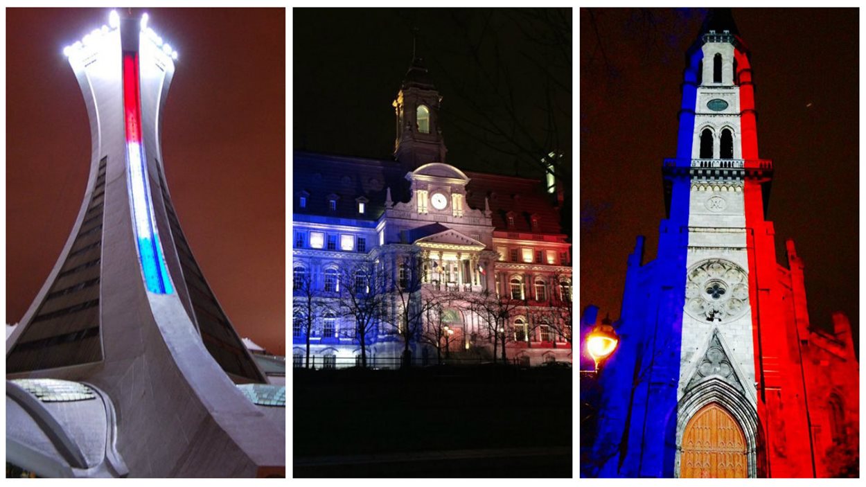 Le Sade olympique, l'hôtel de ville de Montréal et le clocher de l'UQAM ont été illuminés aux couleurs de la France dans la nuit du samedi 15 novembre. Le Sade olympique, l'hôtel de ville de Montréal et le clocher de l'UQAM ont été illuminés aux couleurs de la France dans la nuit du samedi 15 novembre.