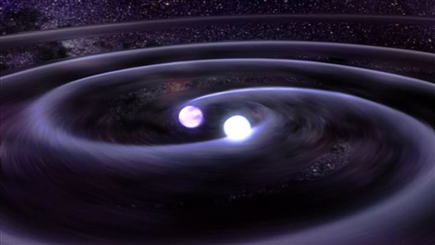Illustration d'ondes gravitationnelles créées par un systèmes binaires d'étoiles.