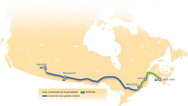 Carte du tracé projeté de l'oléoduc Énergie Est de TransCanada. Carte du tracé projeté de l'oléoduc Énergie Est de TransCanada.