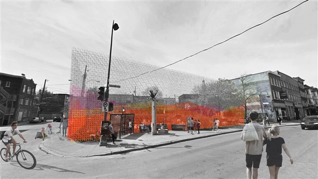 Symbolisant une « enveloppe atmosphérique », un mur comportant trois couches agira comme une frontière entre le trottoir et le SPOT. Symbolisant une « enveloppe atmosphérique », un mur comportant trois couches agira comme une frontière entre le trottoir et le SPOT.